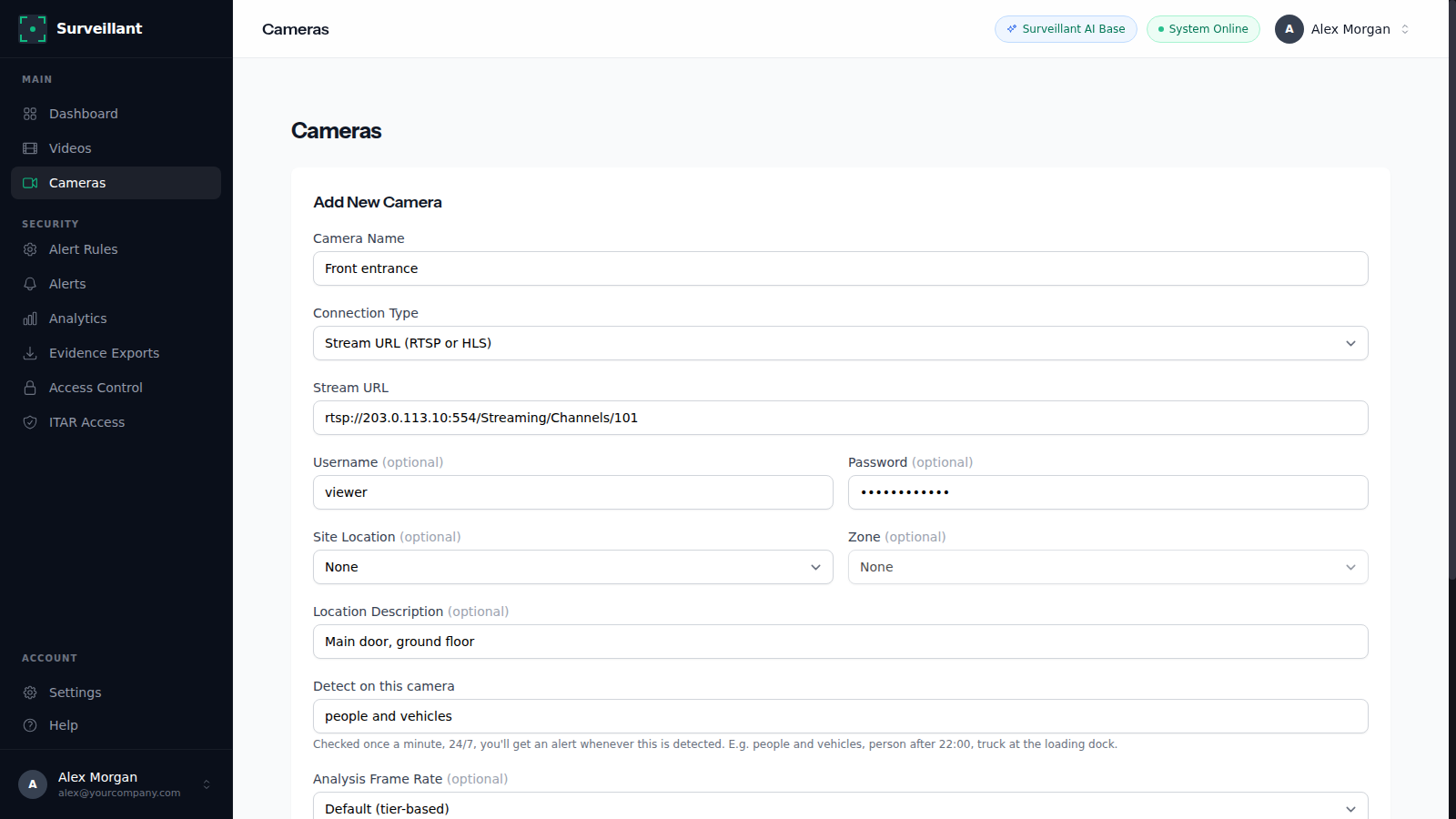 Surveillant Cameras page with the Add Camera form open, camera name filled in and an RTSP stream address pasted
