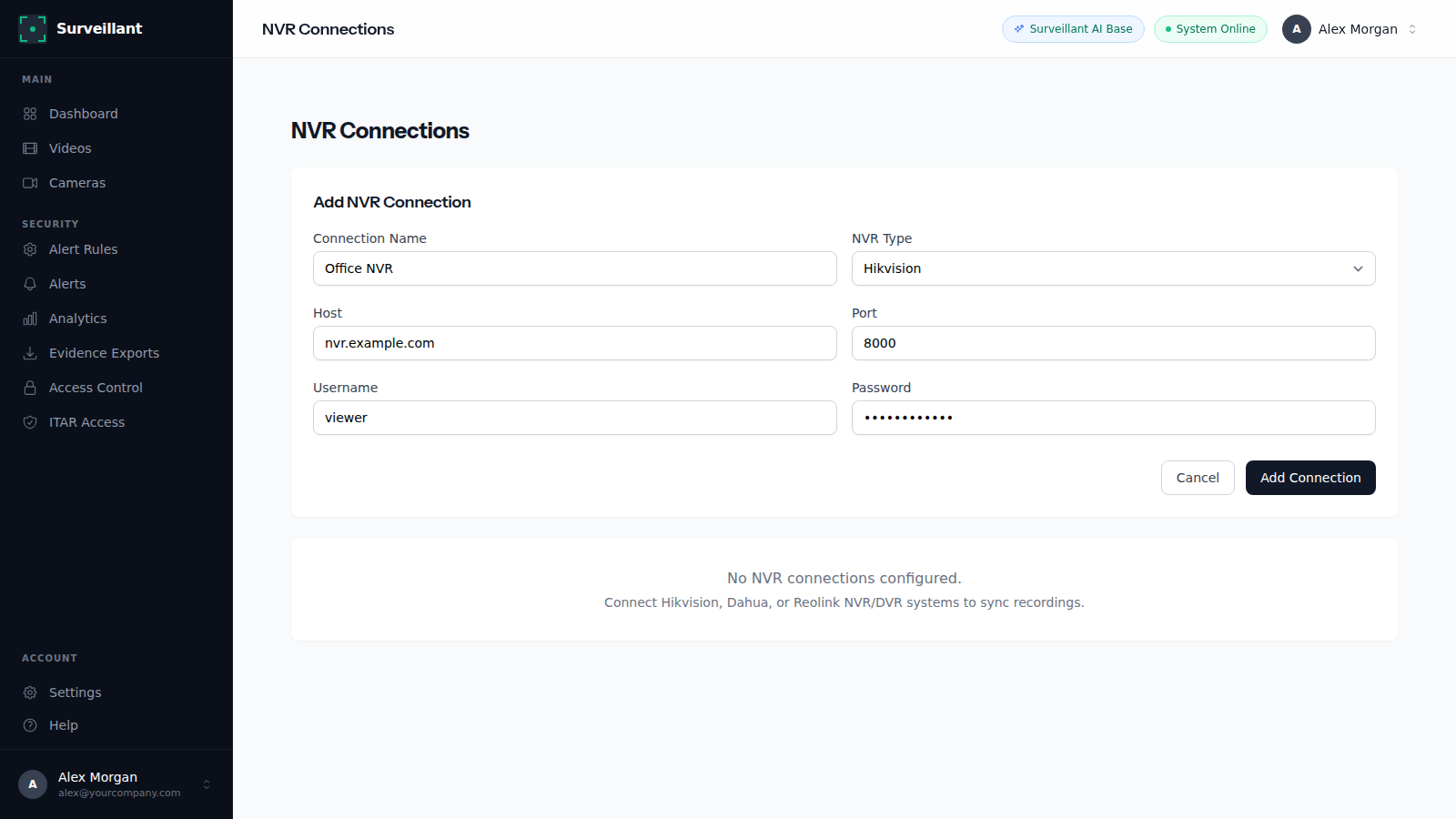 NVR connections page in Surveillant with a Hikvision recorder saved and a successful connection test message