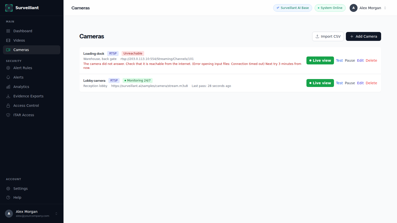 Surveillant camera list with status badges for each camera