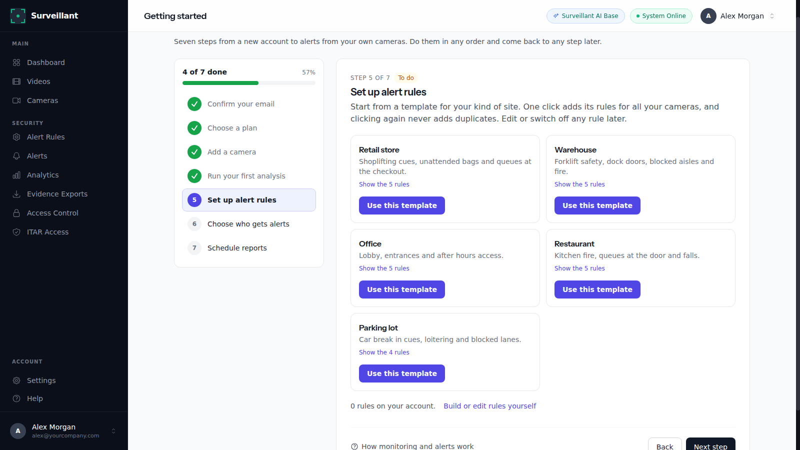 Surveillant guided setup, step with alert templates to choose from