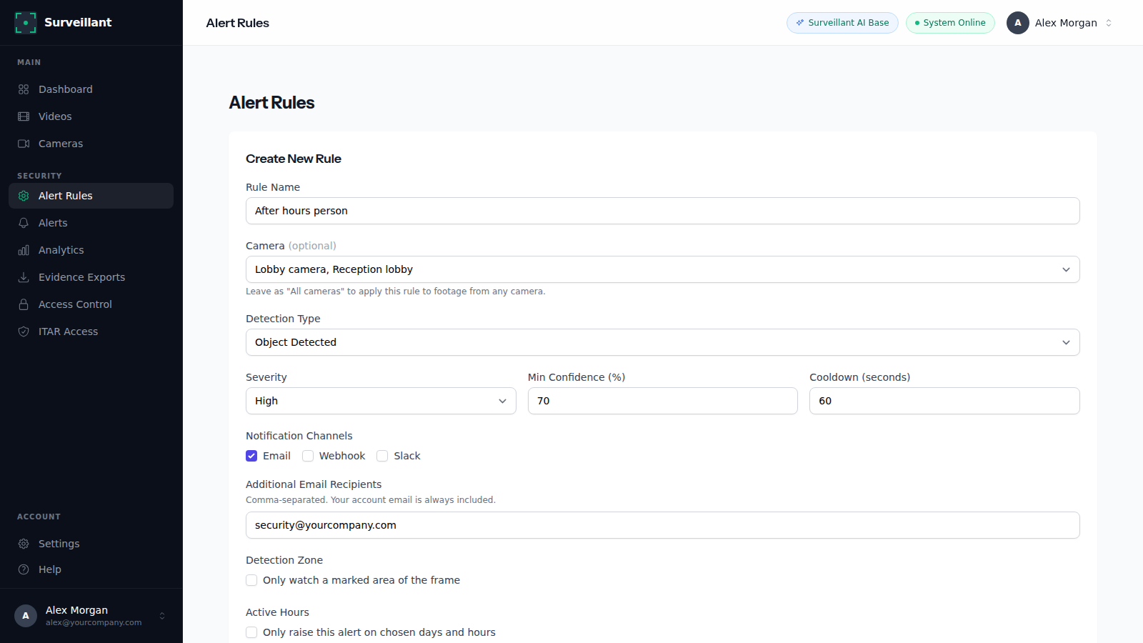 Create New Rule form in Surveillant with rule name, camera, detection type, severity and minimum confidence