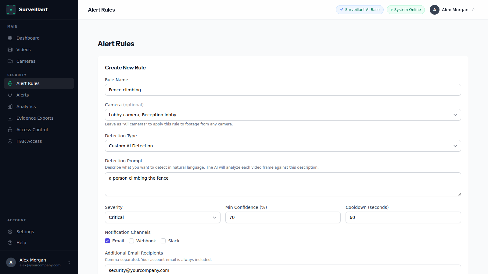 Alert rule form with Custom AI Detection selected and a plain English detection prompt