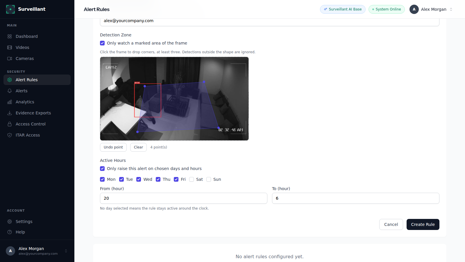 Alert rule with a polygon detection zone drawn on the camera image and active hours selected