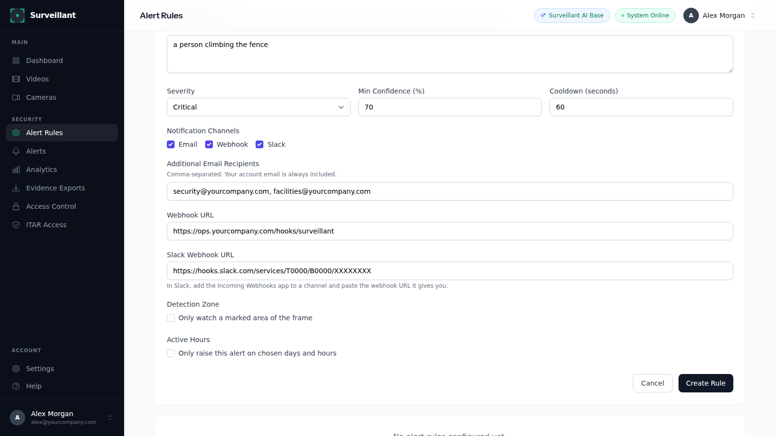 Notification channels in an alert rule: email recipients, webhook URL and Slack webhook URL
