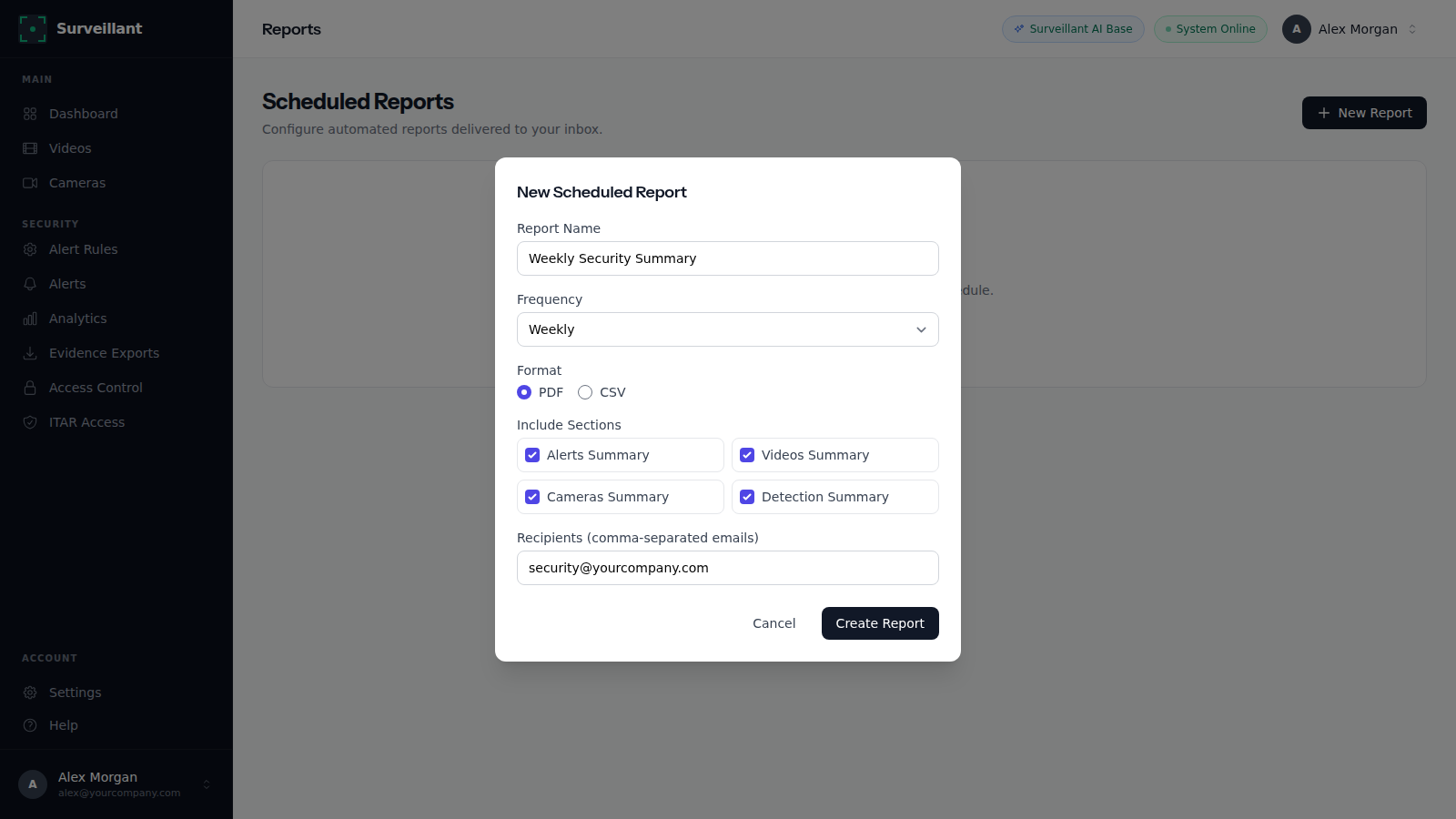 New Scheduled Report form in Surveillant with frequency, sections and recipients
