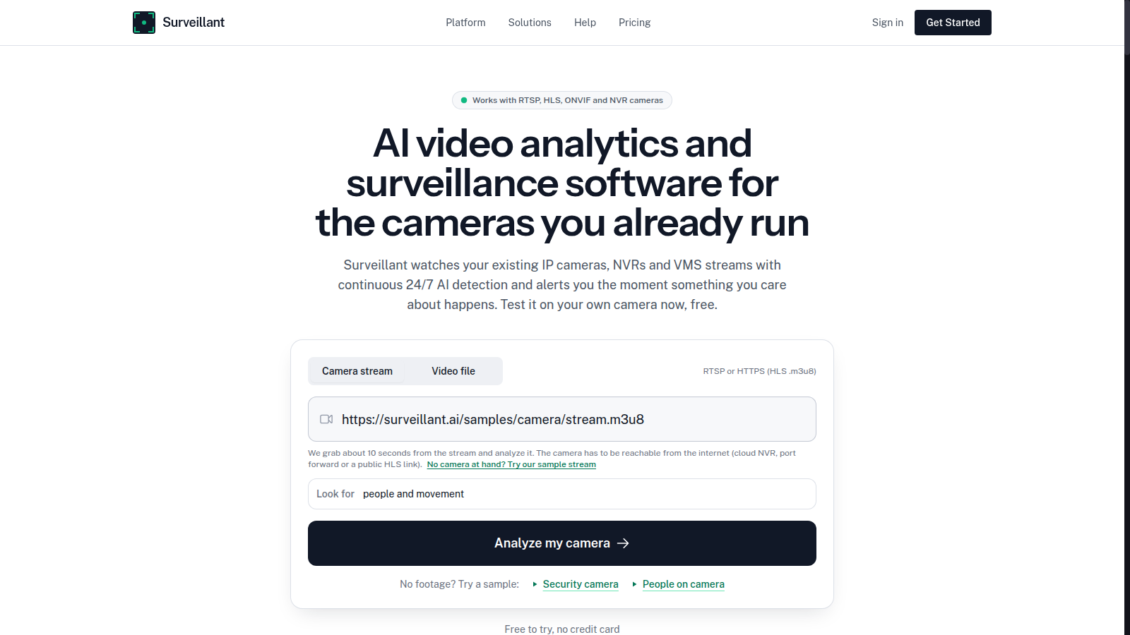Surveillant home page demo with the Camera stream tab, a stream address pasted and a detection prompt
