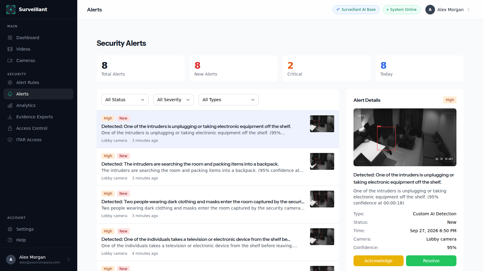 Surveillant Alerts page with a list of alerts and the details panel of one alert