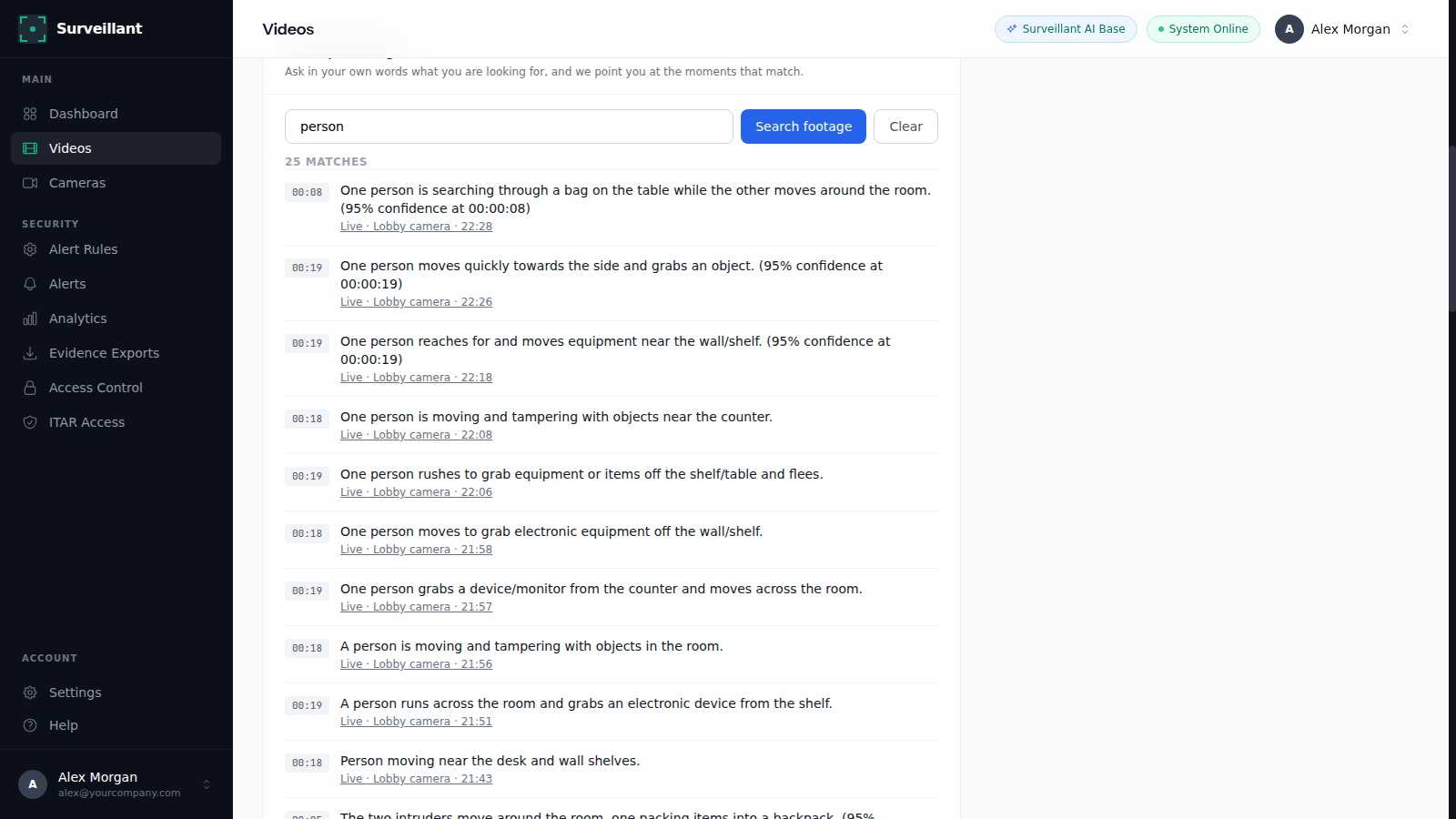 Search your footage box on the Videos page with a plain English query and matching moments