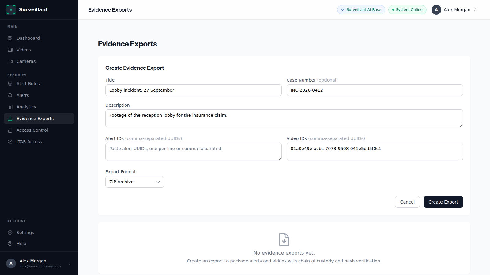 Create Evidence Export form in Surveillant with title, case number and export format