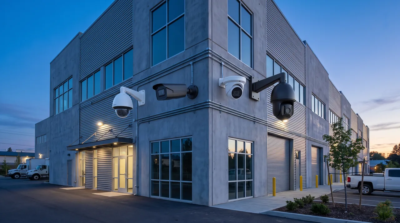 Different styles of commercial IP security cameras mounted on one warehouse wall