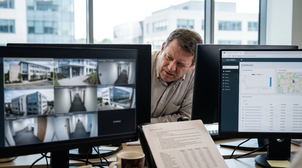 Security manager comparing two video surveillance platforms side by side on two monitors