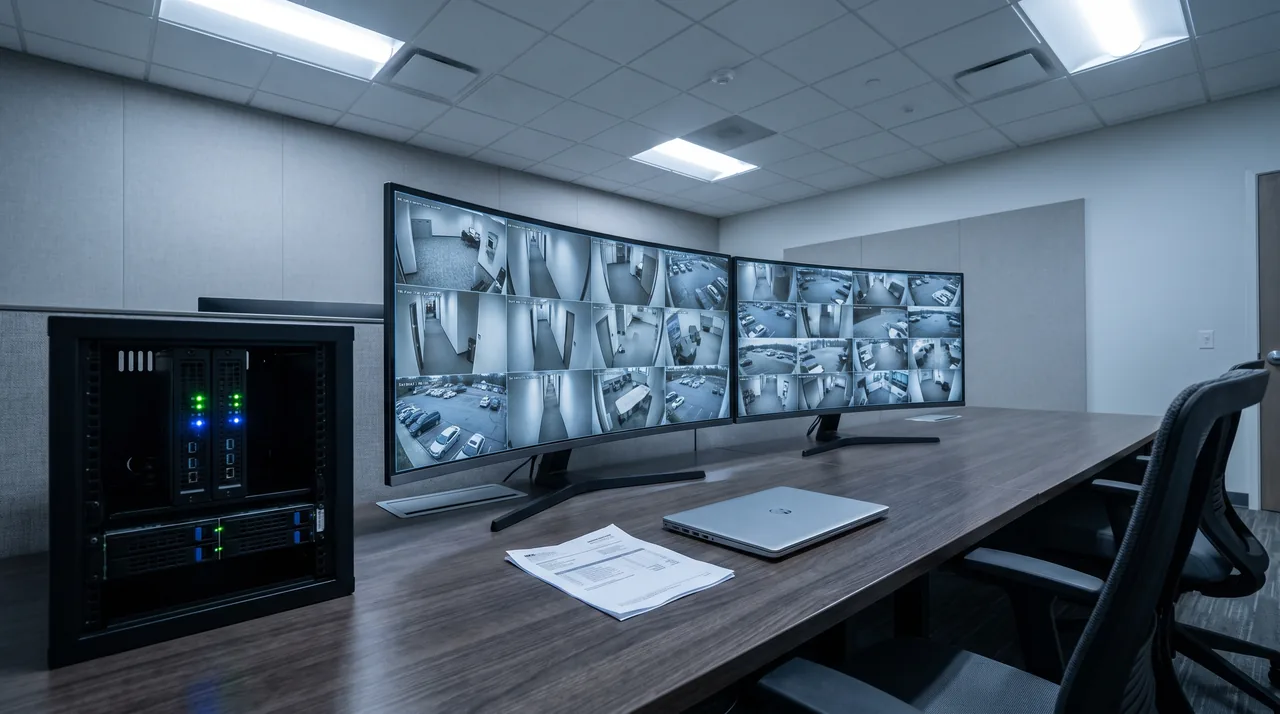 Security operations desk with camera monitors and an on-site server cabinet